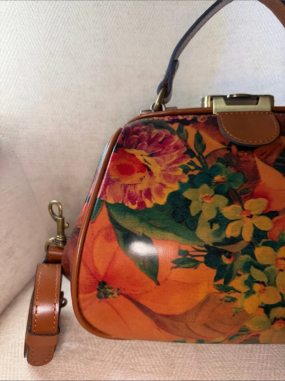 Patricia Nash Floral Printed Leather Satchel in Brown and Green